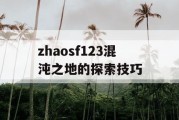 zhaosf123混沌之地的探索技巧